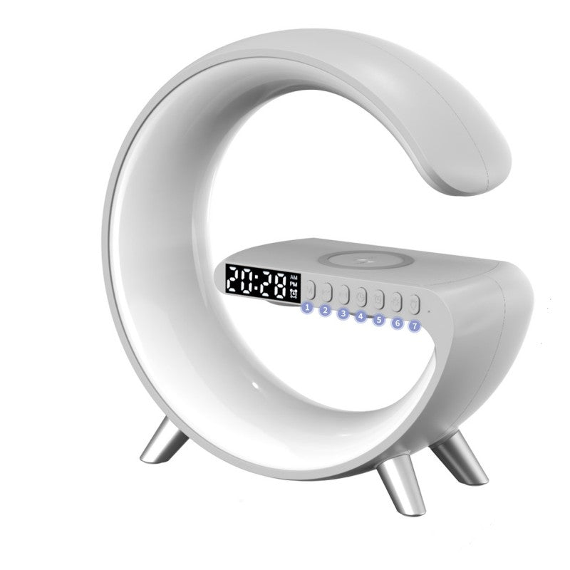 Cool G shaped LED lamp with wireless charger and time combo