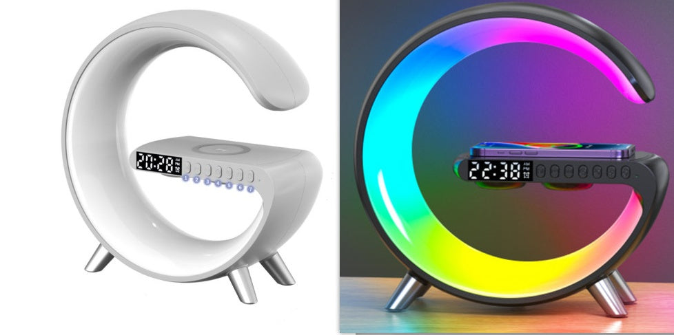 Cool G shaped LED lamp with wireless charger and time combo