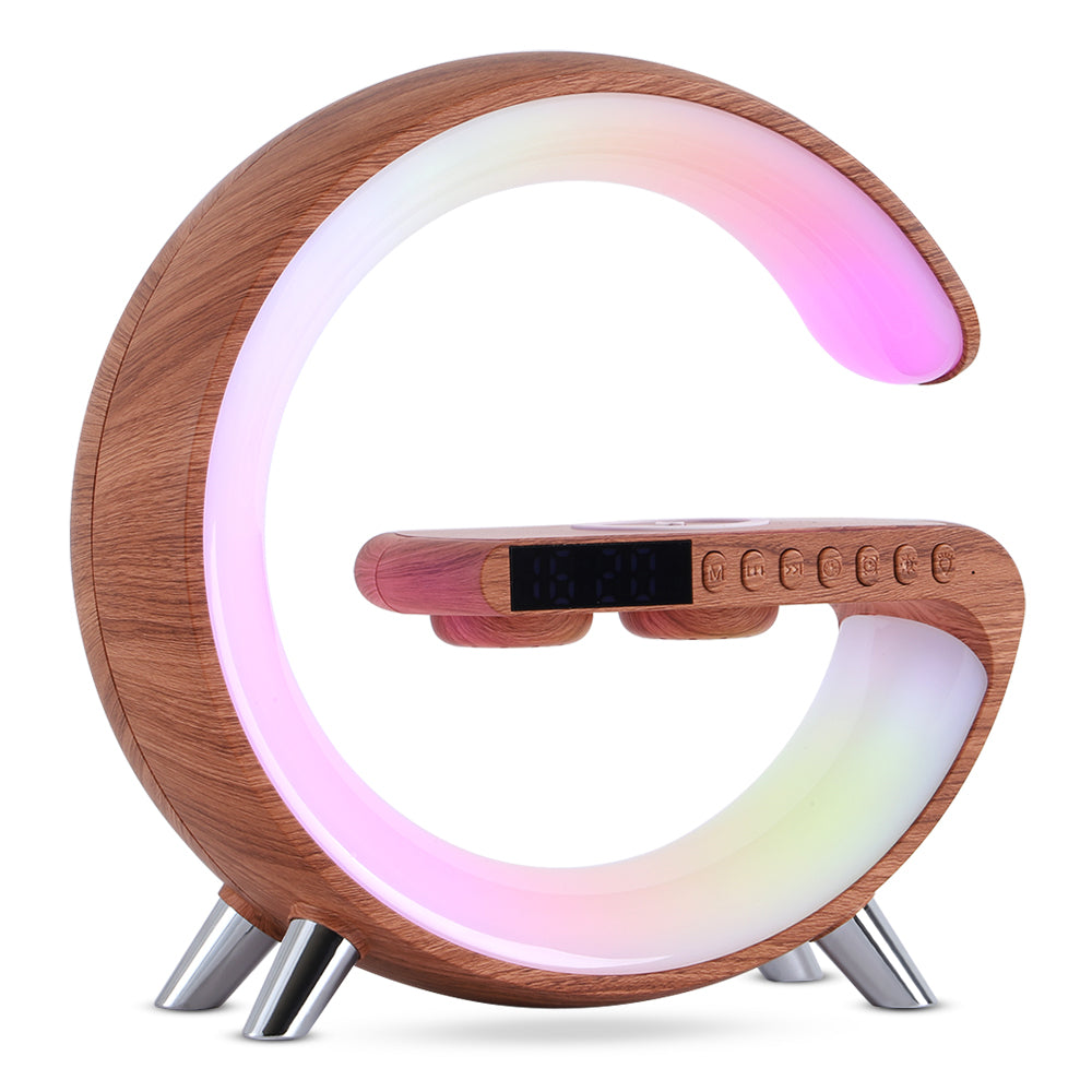 Cool G shaped LED lamp with wireless charger and time combo