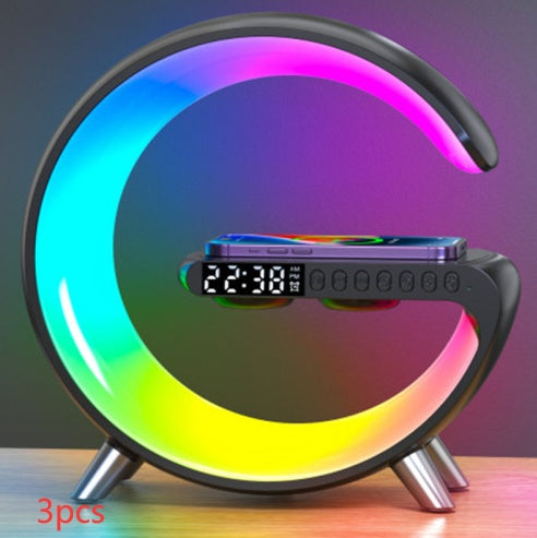 Cool G shaped LED lamp with wireless charger and time combo