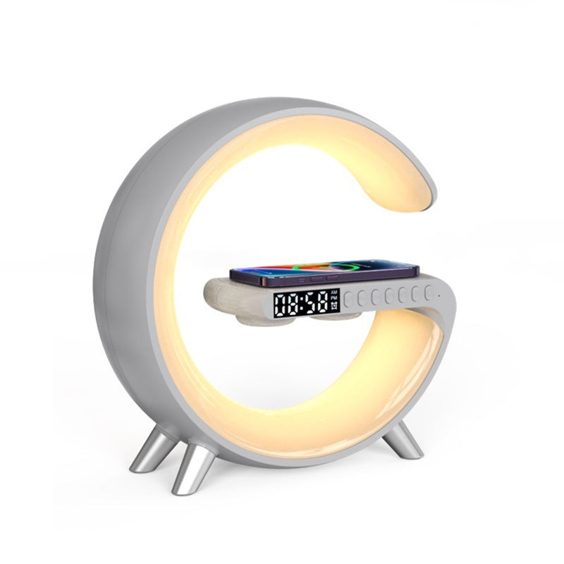 Cool G shaped LED lamp with wireless charger and time combo