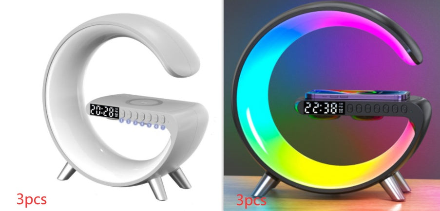 Cool G shaped LED lamp with wireless charger and time combo