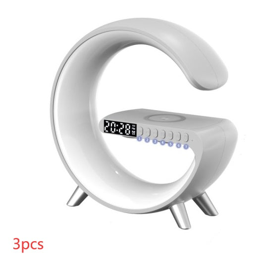 Cool G shaped LED lamp with wireless charger and time combo
