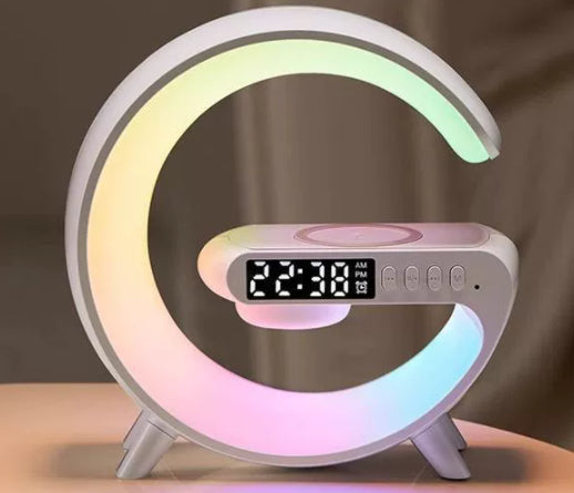 Cool G shaped LED lamp with wireless charger and time combo