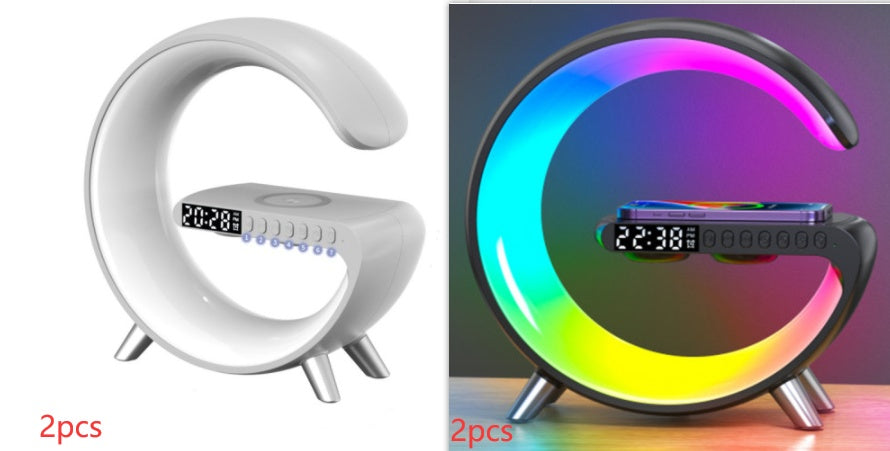 Cool G shaped LED lamp with wireless charger and time combo