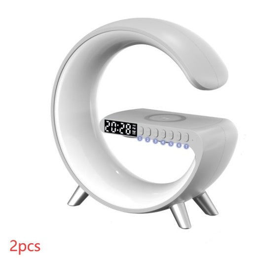 Cool G shaped LED lamp with wireless charger and time combo